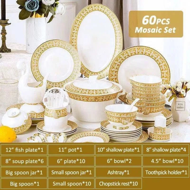 Jingdezhen Best Selling 60 Pcs Golden Mosaic Bone China Tableware Set Modern Western Eco-Friendly Porcelain for Breakfast Hotels