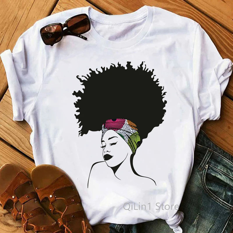 Gliters Melanin Queen Print Tee Shirt Femme Black Girl Is Beautiful Lovely Graphic T Shirts Summer Short Sleeve White T-Shirt
