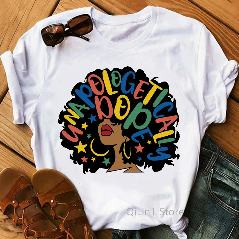 Gliters Melanin Queen Print Tee Shirt Femme Black Girl Is Beautiful Lovely Graphic T Shirts Summer Short Sleeve White T-Shirt