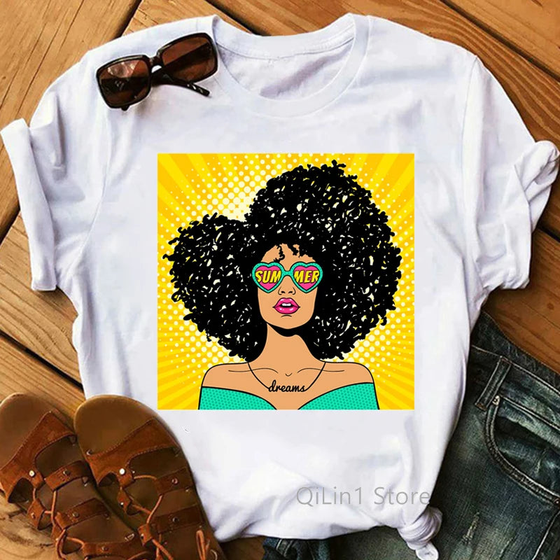 Gliters Melanin Queen Print Tee Shirt Femme Black Girl Is Beautiful Lovely Graphic T Shirts Summer Short Sleeve White T-Shirt