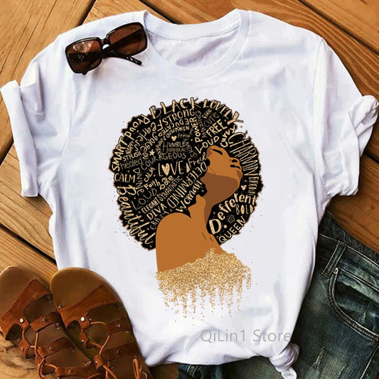 Gliters Melanin Queen Print Tee Shirt Femme Black Girl Is Beautiful Lovely Graphic T Shirts Summer Short Sleeve White T-Shirt