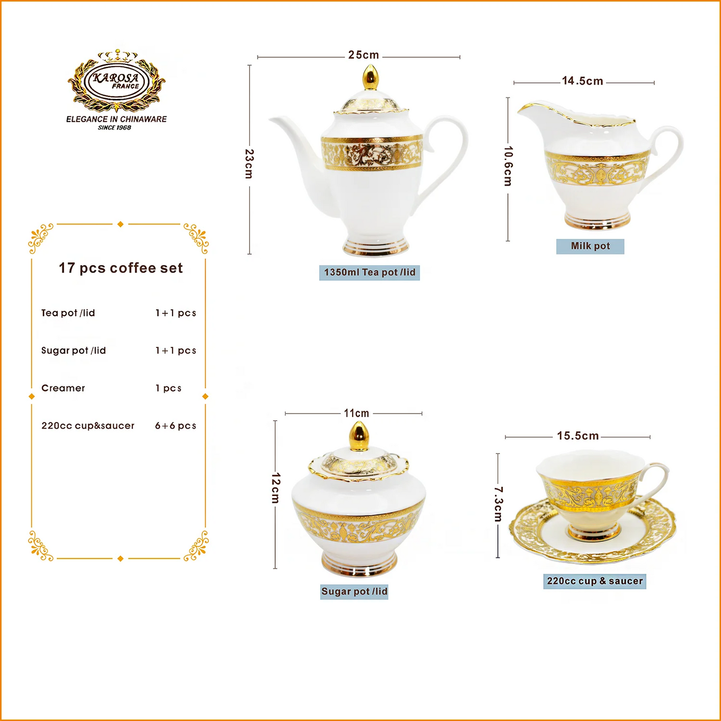 Karosa 17pcs Embossed Gold Porcelain Bone China 200cc 7.5 OZ Coffee Tea Cup Luxury Afternoon Tea Set
