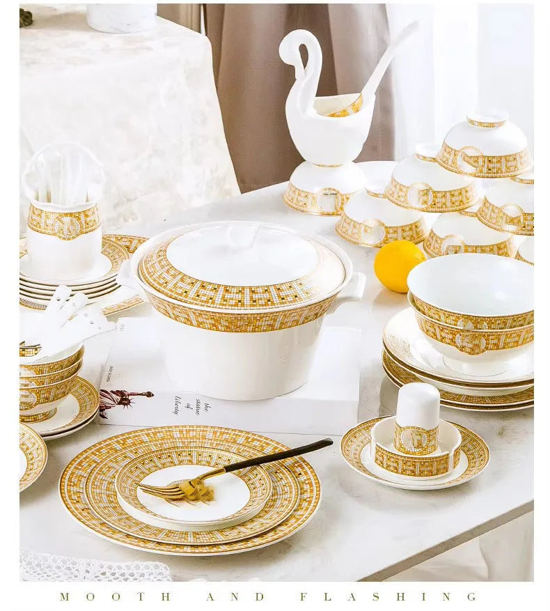 Jingdezhen Best Selling 60 Pcs Golden Mosaic Bone China Tableware Set Modern Western Eco-Friendly Porcelain for Breakfast Hotels