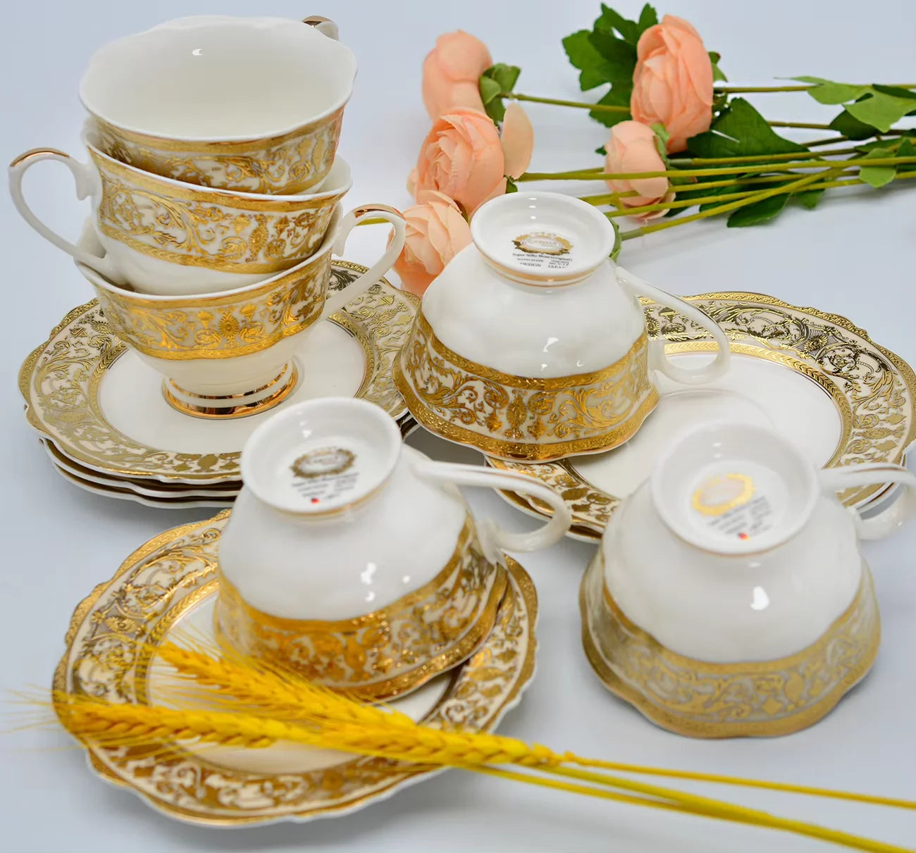 Karosa 17pcs Embossed Gold Porcelain Bone China 200cc 7.5 OZ Coffee Tea Cup Luxury Afternoon Tea Set