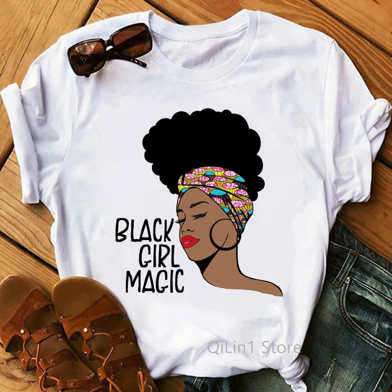Gliters Melanin Queen Print Tee Shirt Femme Black Girl Is Beautiful Lovely Graphic T Shirts Summer Short Sleeve White T-Shirt