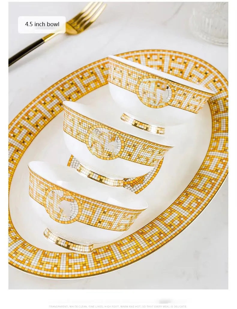 Jingdezhen Best Selling 60 Pcs Golden Mosaic Bone China Tableware Set Modern Western Eco-Friendly Porcelain for Breakfast Hotels