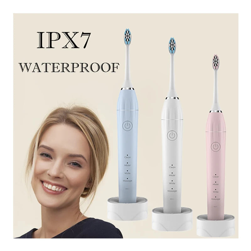 USB Rechargeable Ultrasonic Electric Toothbrush Adults Portable Travel Sonic Toothbrush 2 Brush Heads 4 Waterproof Replacement