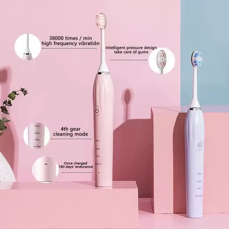 USB Rechargeable Ultrasonic Electric Toothbrush Adults Portable Travel Sonic Toothbrush 2 Brush Heads 4 Waterproof Replacement