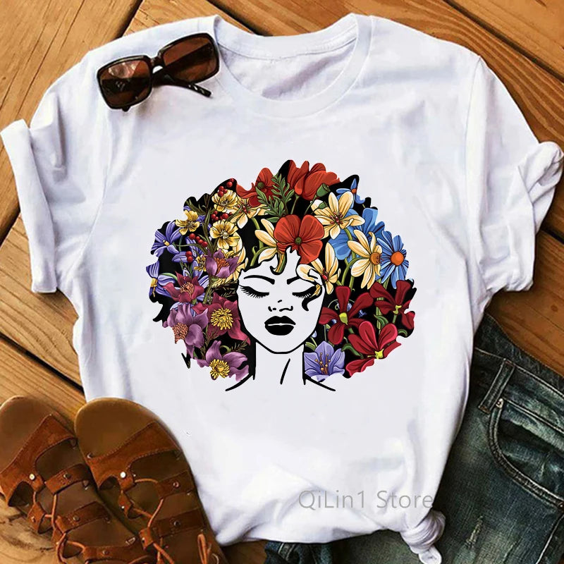 Gliters Melanin Queen Print Tee Shirt Femme Black Girl Is Beautiful Lovely Graphic T Shirts Summer Short Sleeve White T-Shirt