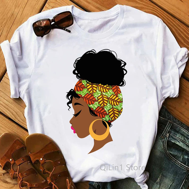 Gliters Melanin Queen Print Tee Shirt Femme Black Girl Is Beautiful Lovely Graphic T Shirts Summer Short Sleeve White T-Shirt