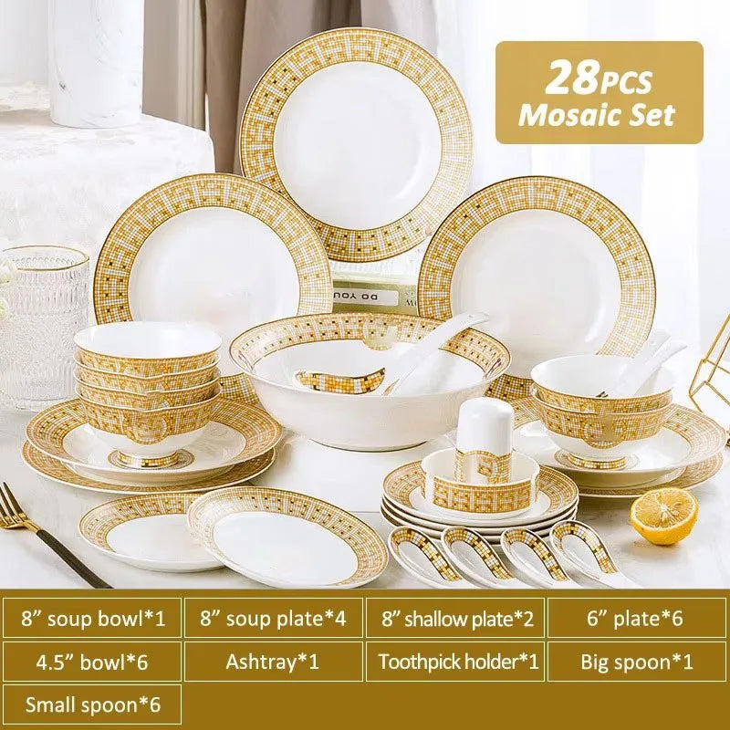 Jingdezhen Best Selling 60 Pcs Golden Mosaic Bone China Tableware Set Modern Western Eco-Friendly Porcelain for Breakfast Hotels