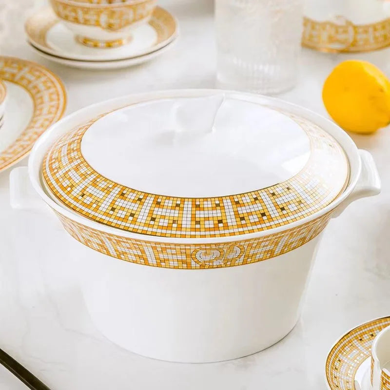 Jingdezhen Best Selling 60 Pcs Golden Mosaic Bone China Tableware Set Modern Western Eco-Friendly Porcelain for Breakfast Hotels