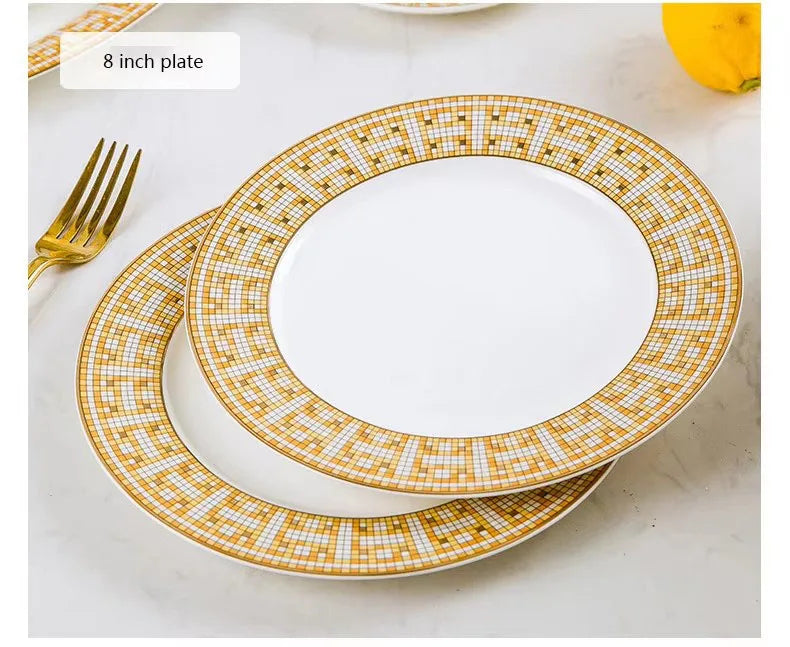 Jingdezhen Best Selling 60 Pcs Golden Mosaic Bone China Tableware Set Modern Western Eco-Friendly Porcelain for Breakfast Hotels