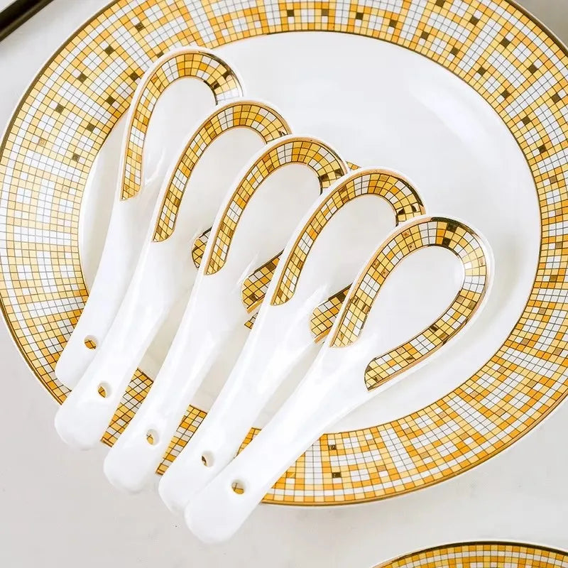 Jingdezhen Best Selling 60 Pcs Golden Mosaic Bone China Tableware Set Modern Western Eco-Friendly Porcelain for Breakfast Hotels