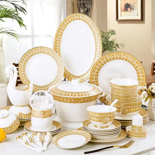 Jingdezhen Best Selling 60 Pcs Golden Mosaic Bone China Tableware Set Modern Western Eco-Friendly Porcelain for Breakfast Hotels