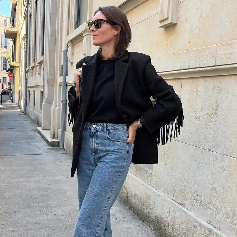 Fashion Women's Tassel Solid Blazer Jacket Lapel Full Sleeve Casual Coat 2026 Spring Autumn Lady Elegant Street Lady Outwear New