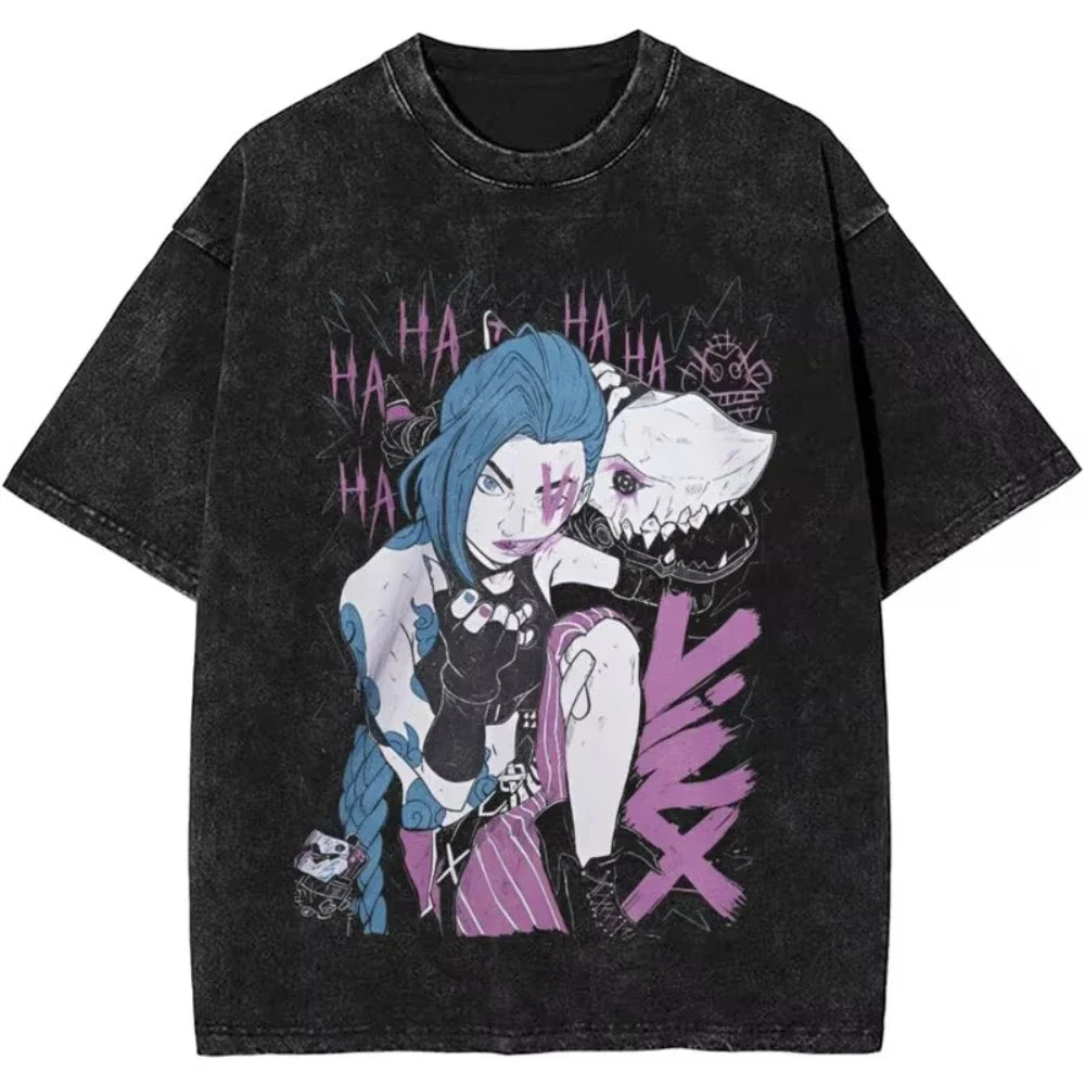 2025 Hot Anime Arcane Jinx T Shirt Hip Hop Washed Cotton T-Shirt Men Women Tops Oversized Streetwear Summer Tops Tees Clothing
