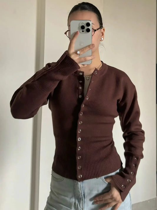 Brown Ribbed Knit Sweater Cardigan For Women O Neck Long Sleeve Fitted Top Clothing New Knitwears Fall White Winter Black Blue