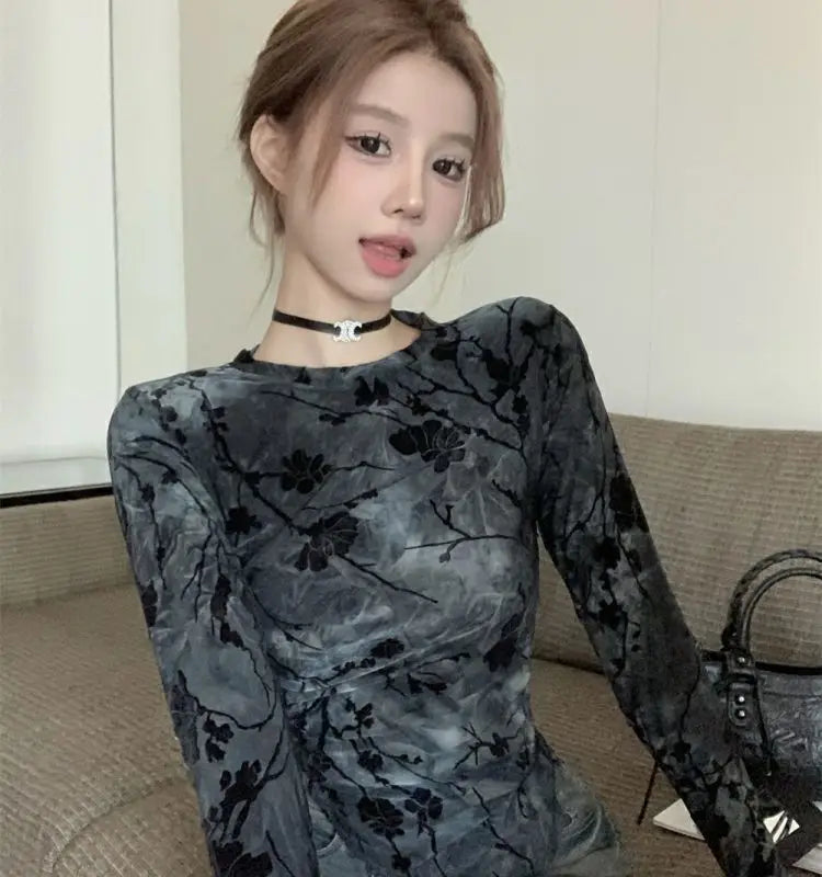 Floral Printing T Shirts Women Irregular Flattering Waist Long Sleeve Slim Female Tees Vintage Retro Side-slit Soft O-neck Fall