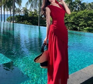 Elegant Sleeveless Vintage Diagonal Collar Sexy Off Shoulder Chic Three-dimensional Floral Slim Evening High Street Long Dresses