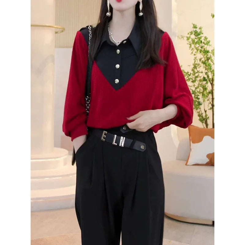 Fashion Spliced Button Batwing Sleeve Blouses Women's Clothing 2023 Autumn Winter Loose Casual Tops Fake Two Pieces Shirts