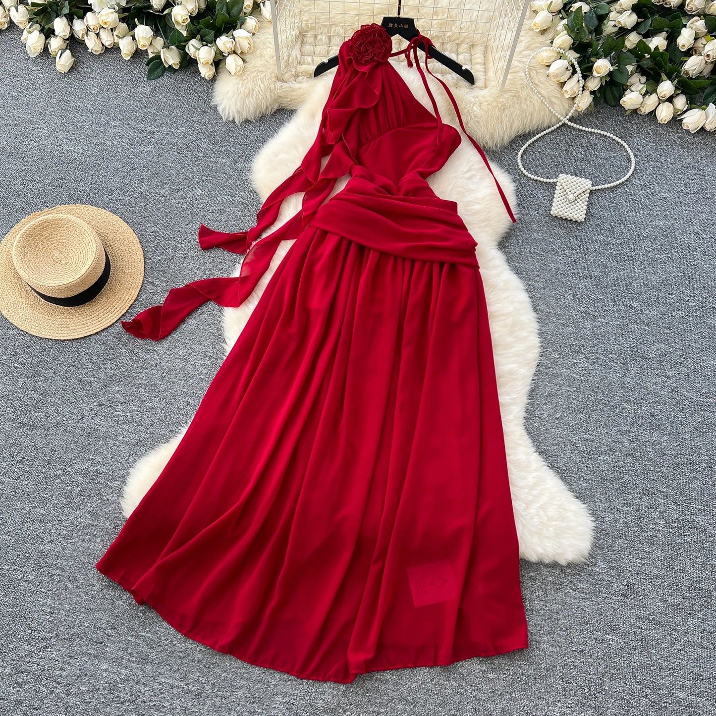 Elegant Sleeveless Vintage Diagonal Collar Sexy Off Shoulder Chic Three-dimensional Floral Slim Evening High Street Long Dresses