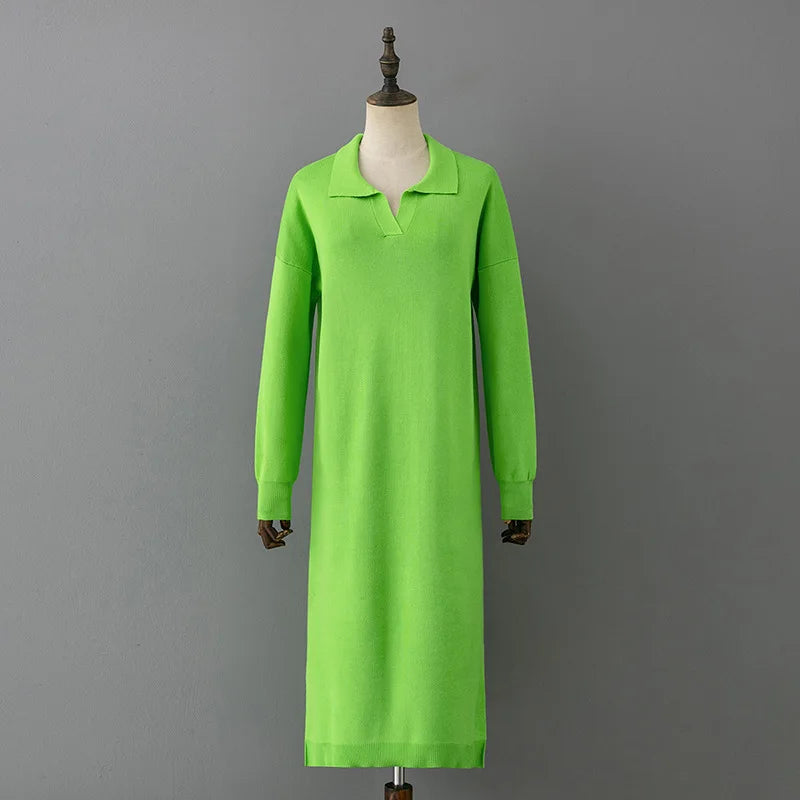 Winter Warm Thick Knit Loose Dress Women Sweater Split Dress Fashion Autumn Korean Ladys Polo Neck Casual Oversized Soft Dresses