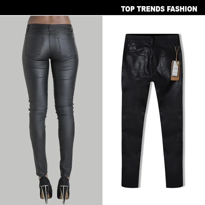 Popular Womens Leather Pant Low Waist and Slim Feet PU Leather Pants Double Zipper Pant for Women