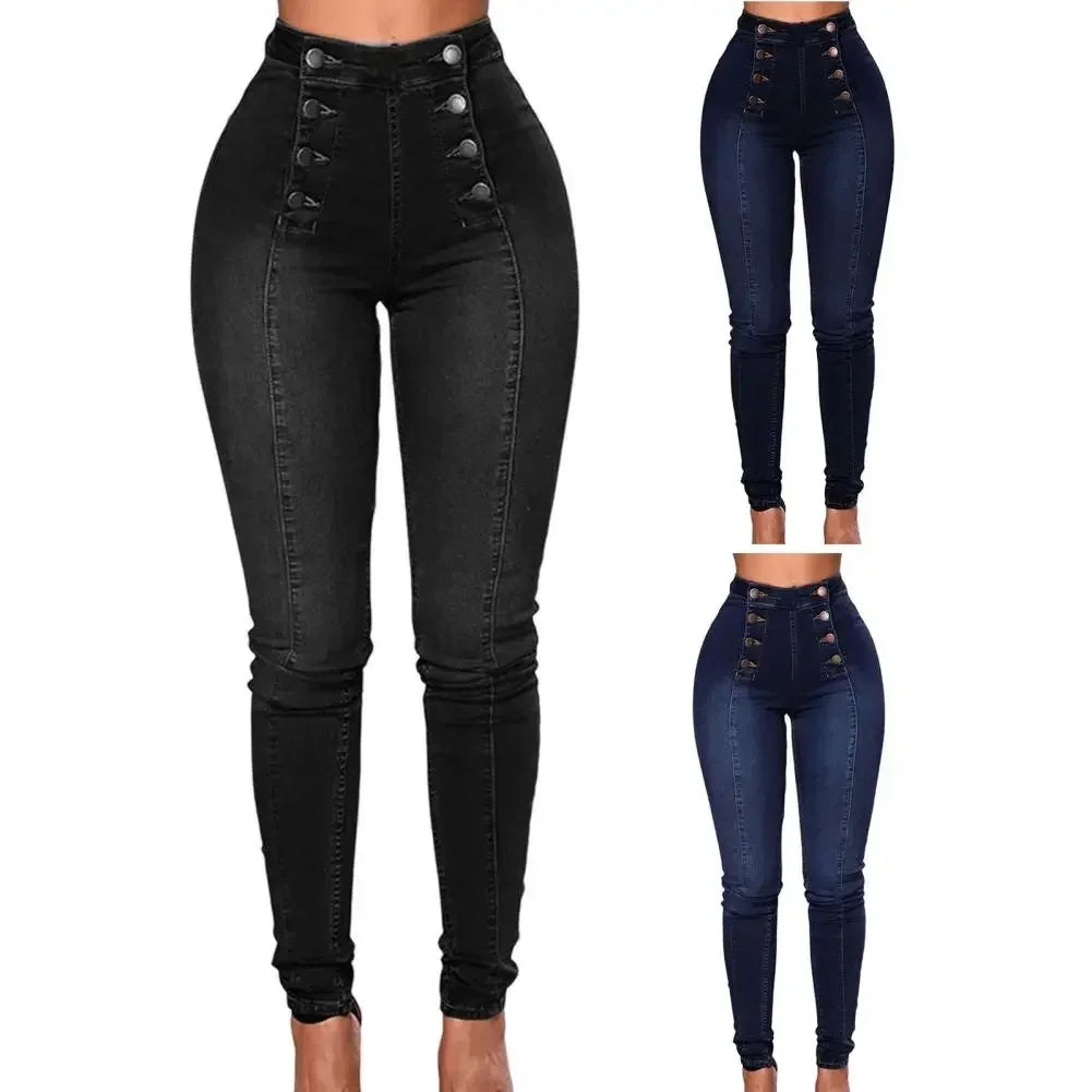 Women High Waist Pencil Jeans Double-breasted Button Fly Denim Pants Skinny Hip Lifting Long Trousers Lady Sexy Bodycon Jeans