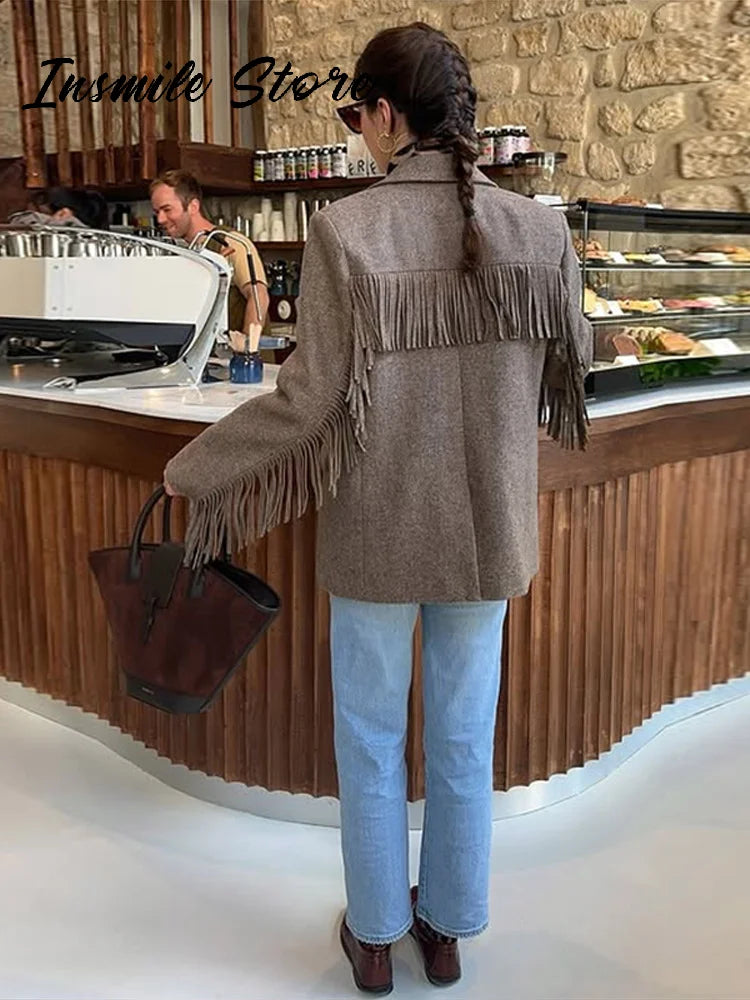 Fashion Women's Tassel Solid Blazer Jacket Lapel Full Sleeve Casual Coat 2026 Spring Autumn Lady Elegant Street Lady Outwear New