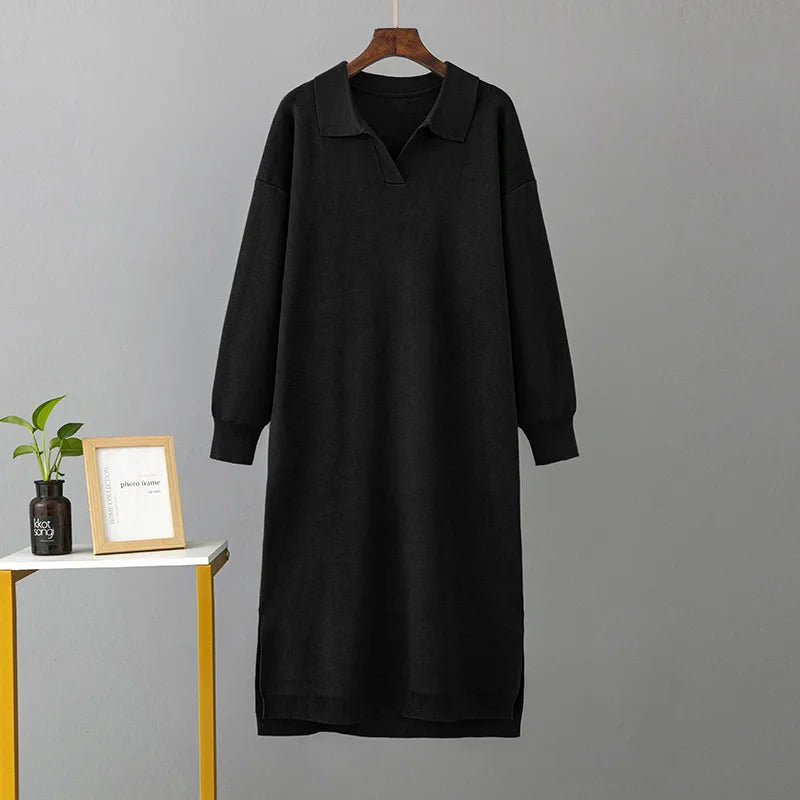 Winter Warm Thick Knit Loose Dress Women Sweater Split Dress Fashion Autumn Korean Ladys Polo Neck Casual Oversized Soft Dresses