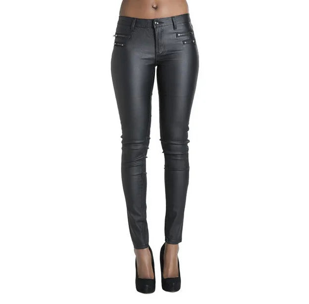 Popular Womens Leather Pant Low Waist and Slim Feet PU Leather Pants Double Zipper Pant for Women