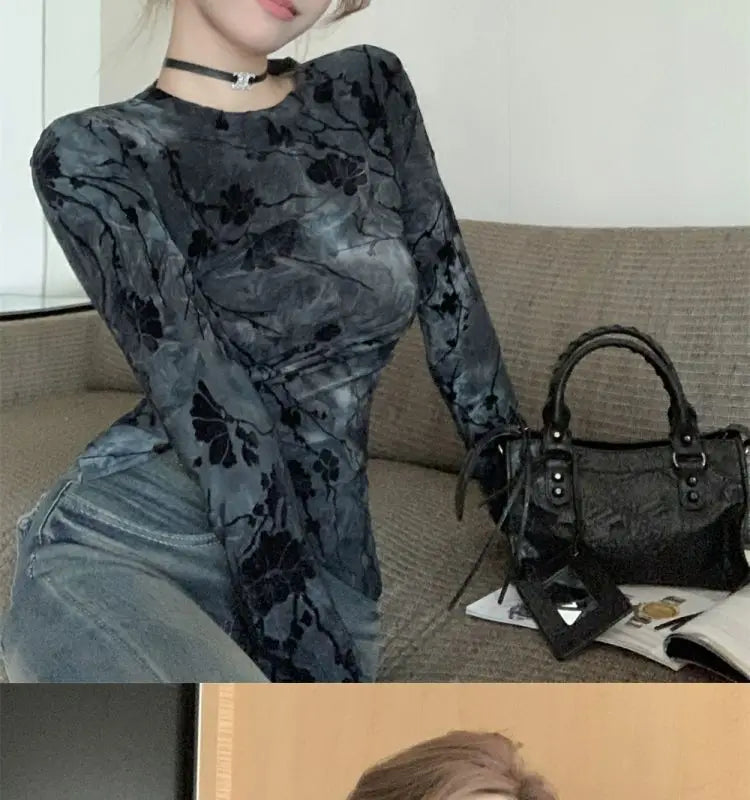 Floral Printing T Shirts Women Irregular Flattering Waist Long Sleeve Slim Female Tees Vintage Retro Side-slit Soft O-neck Fall