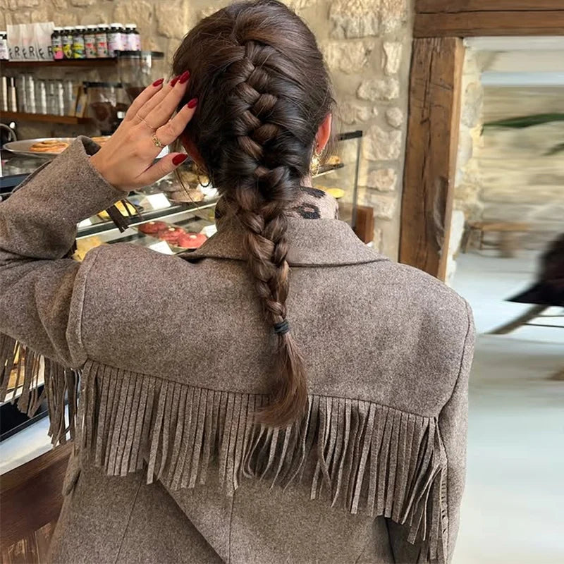 Fashion Women's Tassel Solid Blazer Jacket Lapel Full Sleeve Casual Coat 2026 Spring Autumn Lady Elegant Street Lady Outwear New