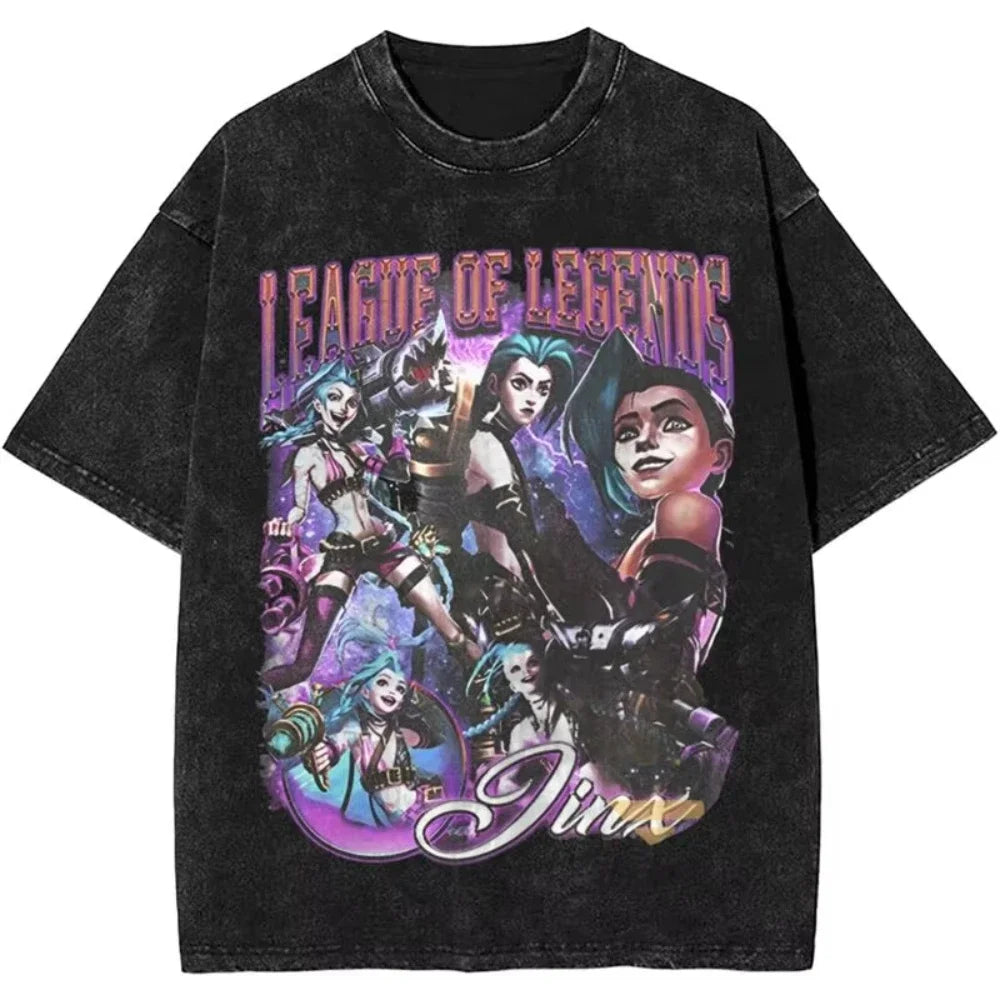 2025 Hot Anime Arcane Jinx T Shirt Hip Hop Washed Cotton T-Shirt Men Women Tops Oversized Streetwear Summer Tops Tees Clothing