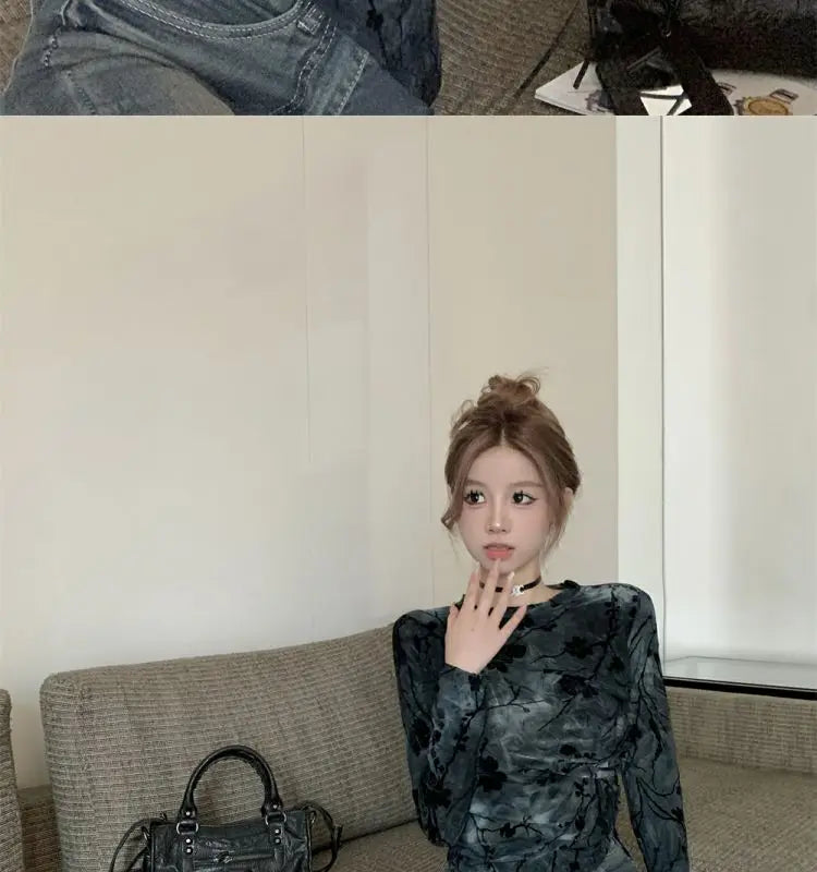 Floral Printing T Shirts Women Irregular Flattering Waist Long Sleeve Slim Female Tees Vintage Retro Side-slit Soft O-neck Fall