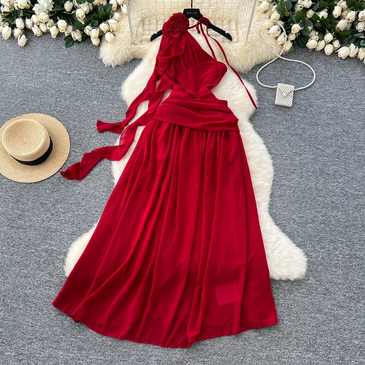 Elegant Sleeveless Vintage Diagonal Collar Sexy Off Shoulder Chic Three-dimensional Floral Slim Evening High Street Long Dresses