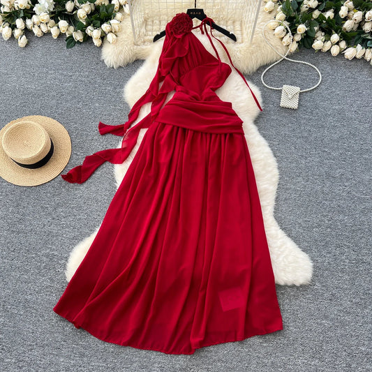 Elegant Sleeveless Vintage Diagonal Collar Sexy Off Shoulder Chic Three-dimensional Floral Slim Evening High Street Long Dresses