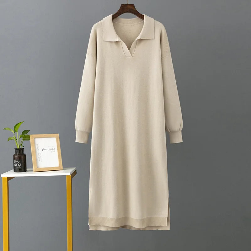 Winter Warm Thick Knit Loose Dress Women Sweater Split Dress Fashion Autumn Korean Ladys Polo Neck Casual Oversized Soft Dresses