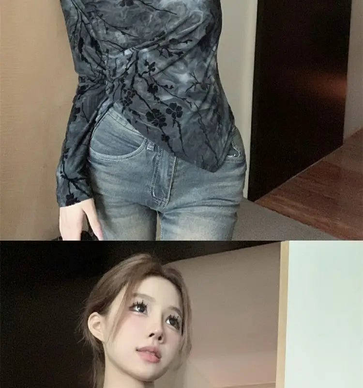 Floral Printing T Shirts Women Irregular Flattering Waist Long Sleeve Slim Female Tees Vintage Retro Side-slit Soft O-neck Fall
