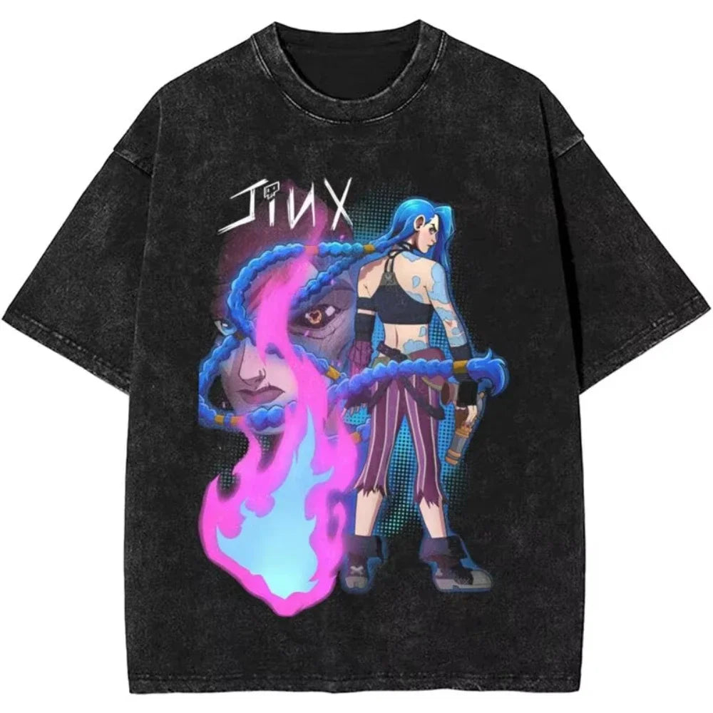 2025 Hot Anime Arcane Jinx T Shirt Hip Hop Washed Cotton T-Shirt Men Women Tops Oversized Streetwear Summer Tops Tees Clothing