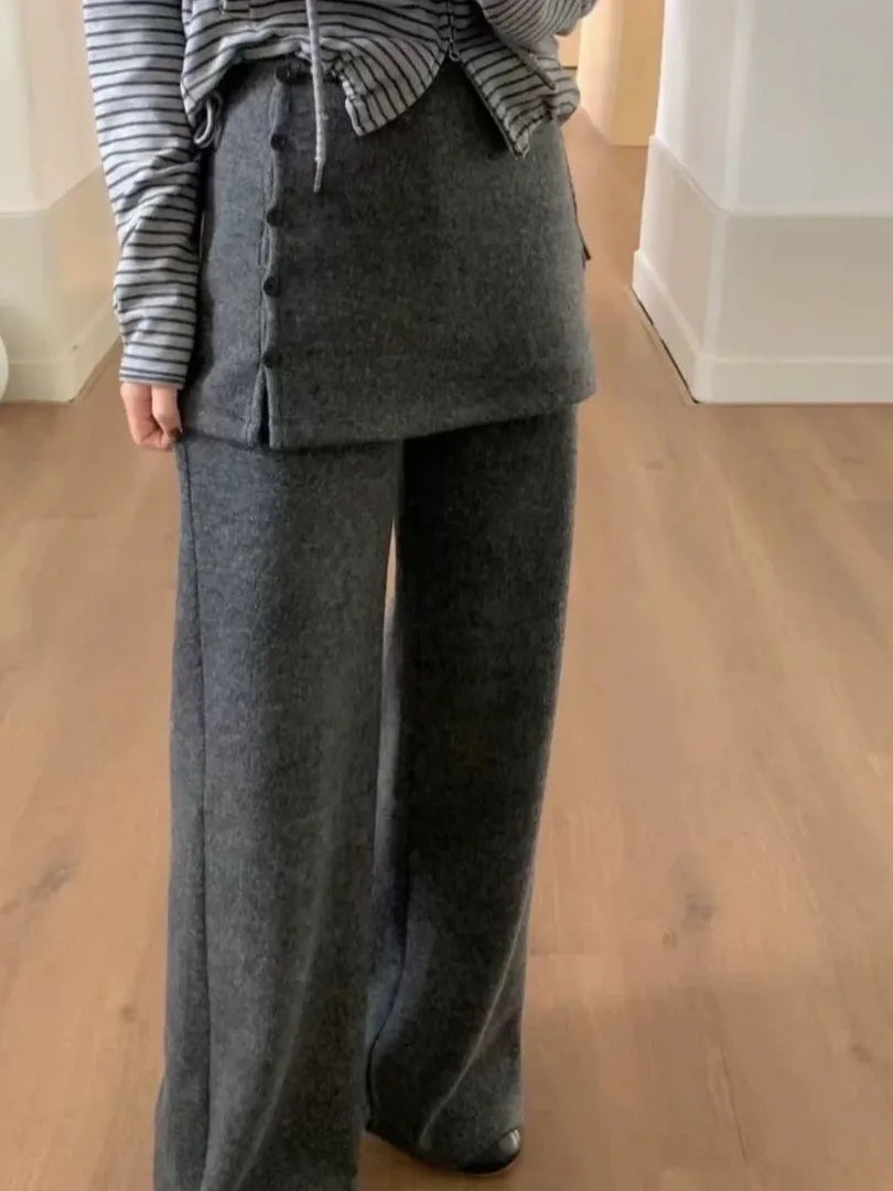 Korean Sle Women's Knitted Flared Casual Pants High Waist Autumn Winter New Faion Trendy Long Trousers Comfortable Design