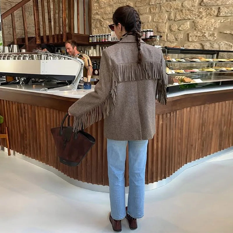 Fashion Women's Tassel Solid Blazer Jacket Lapel Full Sleeve Casual Coat 2026 Spring Autumn Lady Elegant Street Lady Outwear New