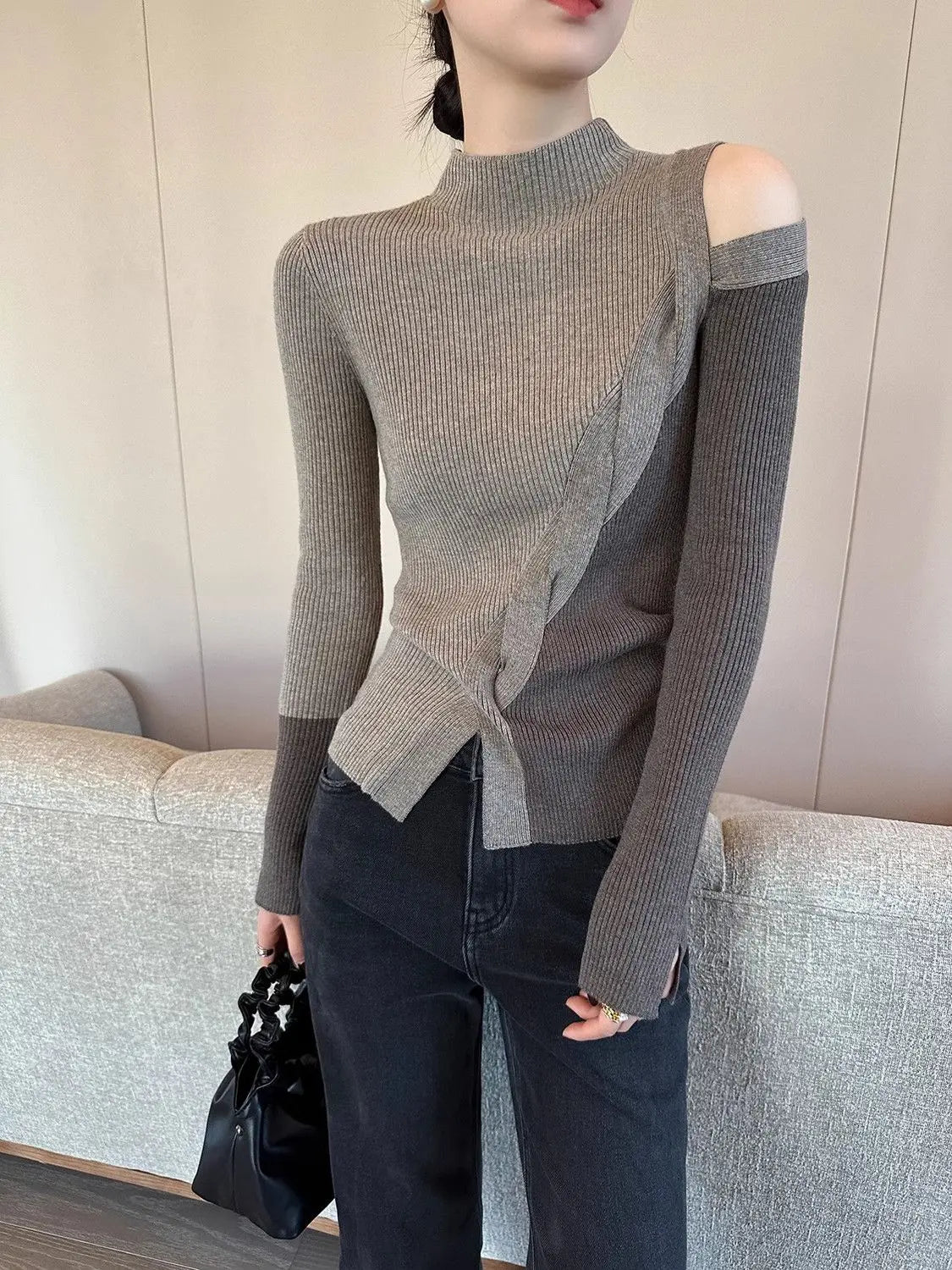 Half Turtleneck Contrasting Sweater Women Autumn Winter New Fashionable Irregular Base Shirt