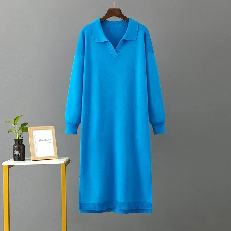 Winter Warm Thick Knit Loose Dress Women Sweater Split Dress Fashion Autumn Korean Ladys Polo Neck Casual Oversized Soft Dresses