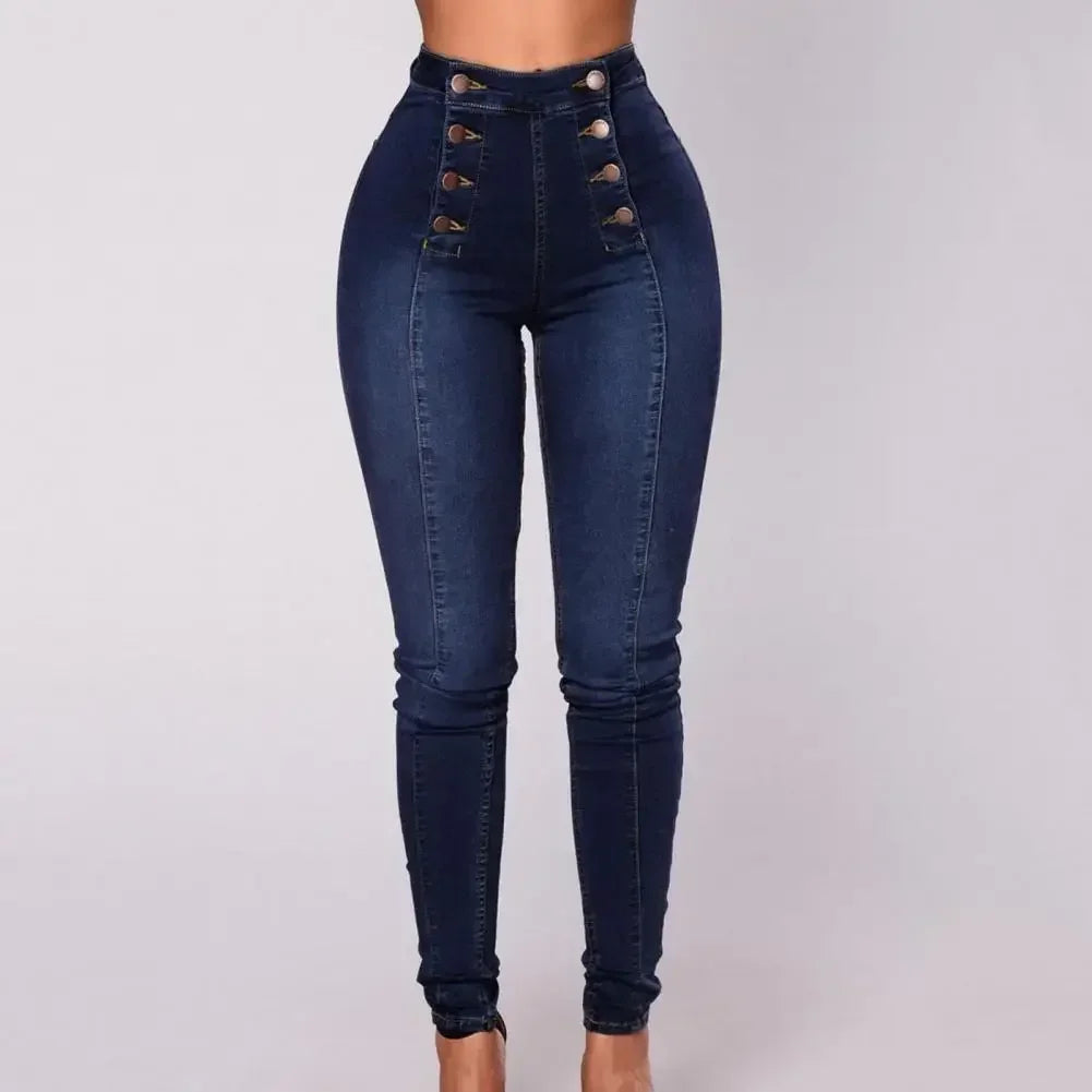 Women High Waist Pencil Jeans Double-breasted Button Fly Denim Pants Skinny Hip Lifting Long Trousers Lady Sexy Bodycon Jeans