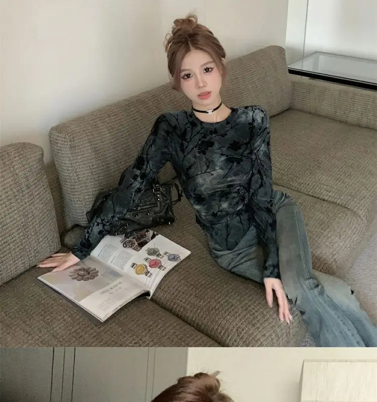 Floral Printing T Shirts Women Irregular Flattering Waist Long Sleeve Slim Female Tees Vintage Retro Side-slit Soft O-neck Fall