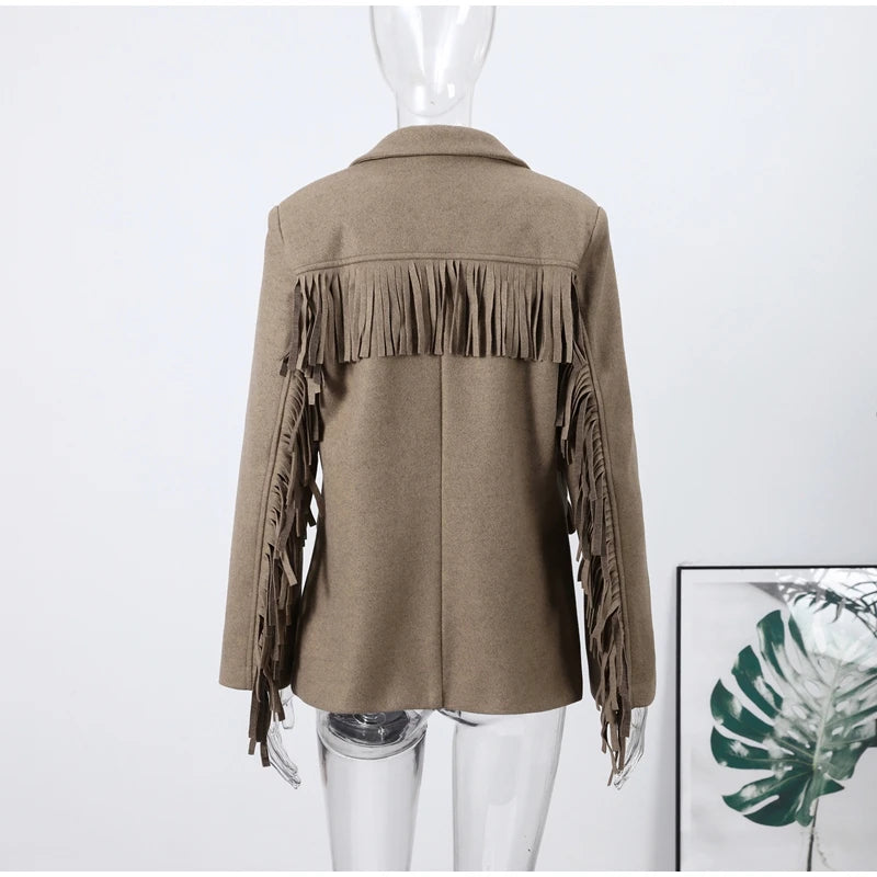 Fashion Women's Tassel Solid Blazer Jacket Lapel Full Sleeve Casual Coat 2026 Spring Autumn Lady Elegant Street Lady Outwear New