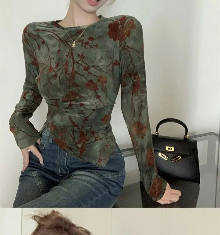 Floral Printing T Shirts Women Irregular Flattering Waist Long Sleeve Slim Female Tees Vintage Retro Side-slit Soft O-neck Fall