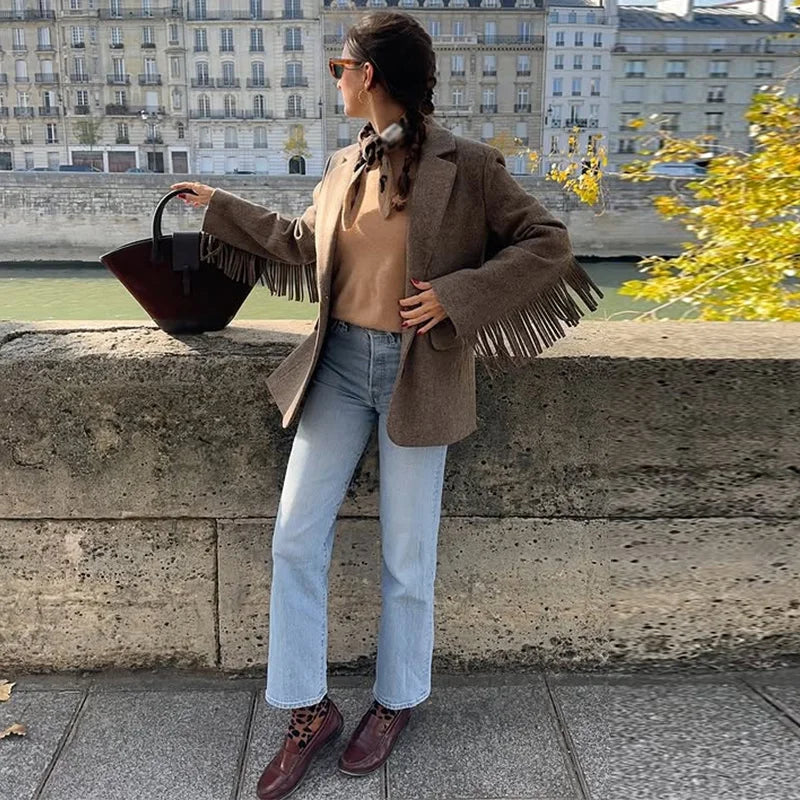 Fashion Women's Tassel Solid Blazer Jacket Lapel Full Sleeve Casual Coat 2026 Spring Autumn Lady Elegant Street Lady Outwear New